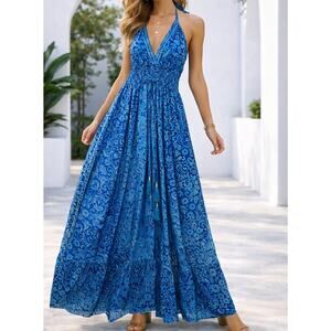 NWT 70% Silk 30% Polyester Blue & Gold Maxi Dress Boho Halter